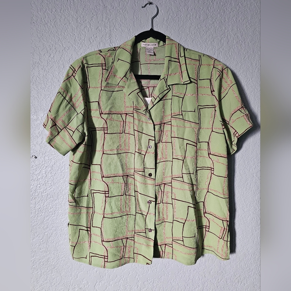 Vintage Notations Silky Blouse Top XL Green Geo collar classic Career office